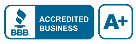 Graphic with BBB logo with text reading: BBB accredited business. A+